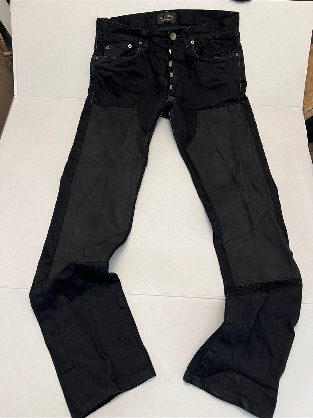 SCHAEFFER’S GARMENT HOTEL MADE IN USA RARE BLACK DOUBLE KNEE JEANS 34x35 - Picture 2 of 16